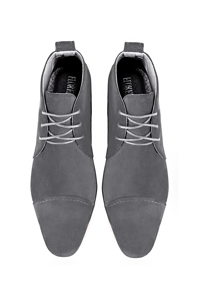 Dove grey women's ankle boots with laces at the front. Round toe. Low flare heels. Top view - Florence KOOIJMAN